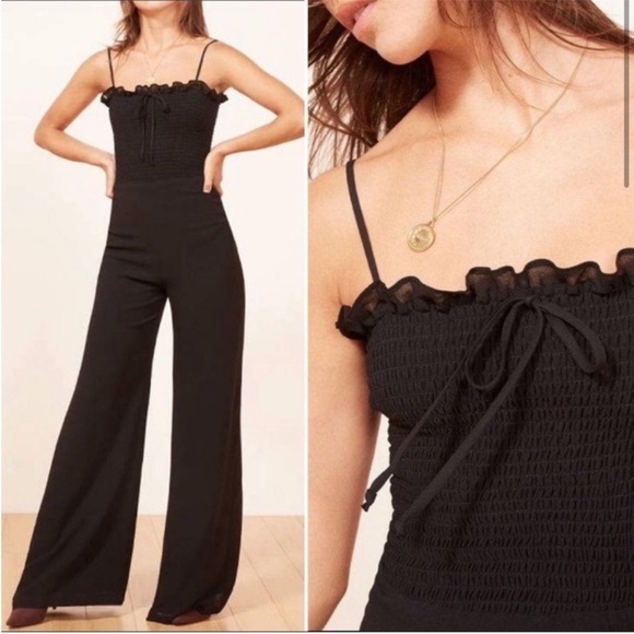 Reformation Jumpsuit Pompano Wide Leg Smocked In Black